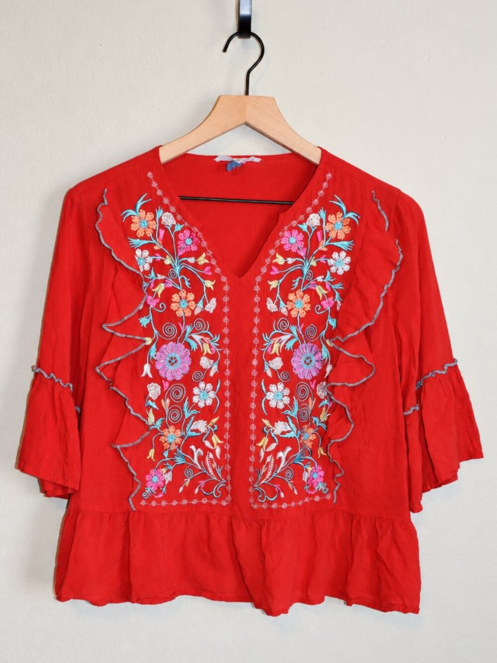 Grand & Green Red Floral Embroidered Ruffle Sleeve Boho Blouse M